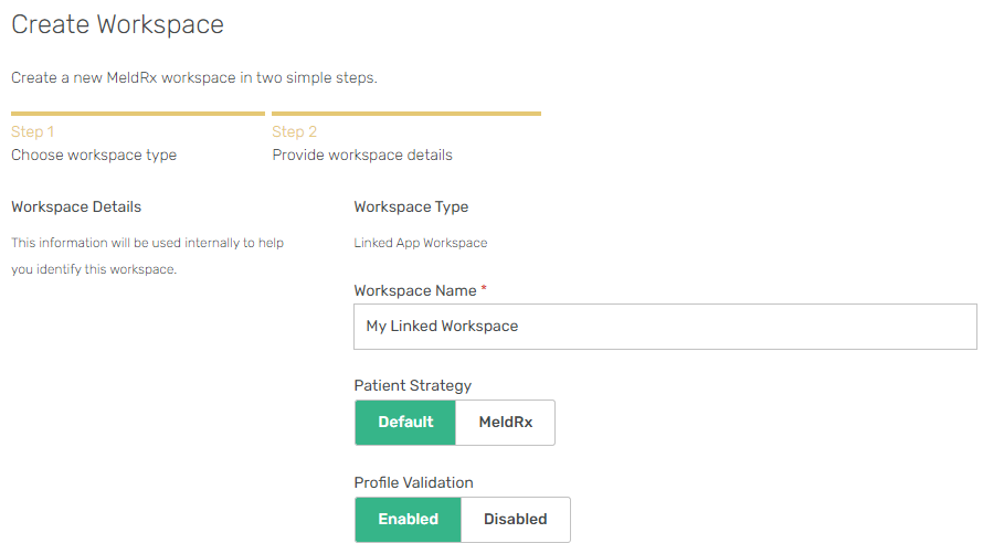 Workspace create linked form details screenshot